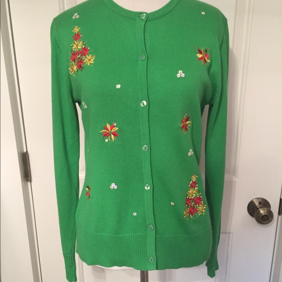 CRYSTAL KOBE SWEATER CARDIGAN GREEN RED UGLY TACKY XMAS HOLIDAY Size S - Picture 1 of 7